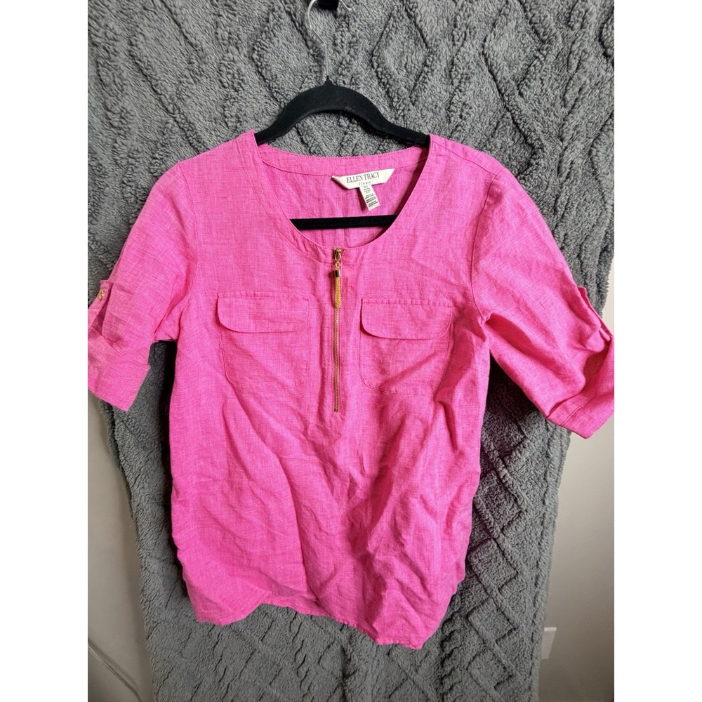 Ellen Tracy linen -S-Dark Pink Blouse with a Half Gold Zipper and 3/4 Sleeves